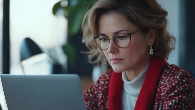 A professional woman working diligently at her laptop. She is focused on the screen, indicative of a busy work environment.