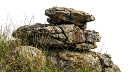 Detailed close up of weathered rock formation with grass.