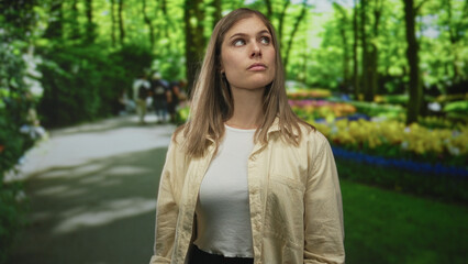 Obraz premium Woman glances sideways toward distant path and flowerbeds in lush green park; reflection thoughtfulness introspection.