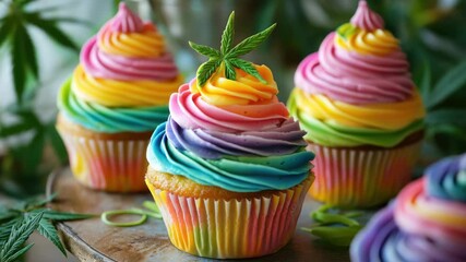 Vibrant cupcakes decorated with edible THC leaves, perfect for cannabis enthusiasts.