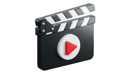 3D Rendering of a Black Movie Clapperboard with a Red Play Button Icon on a Transparent Background for Film Production and Video Content Creation