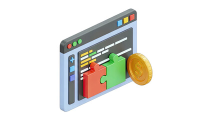 3D Rendering of a Software Development Interface with Puzzle Pieces and a Gold Coin Against a Black Background Representing Financial Technology