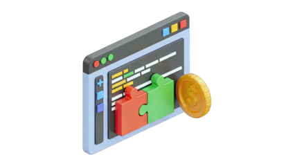 3D Rendering of a Software Development Interface with Puzzle Pieces and a Gold Coin Against a Black Background Representing Financial Technology
