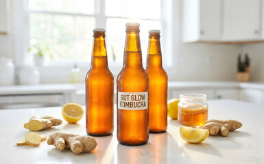 Ginger Lemon Kombucha Bottles on Kitchen Counter