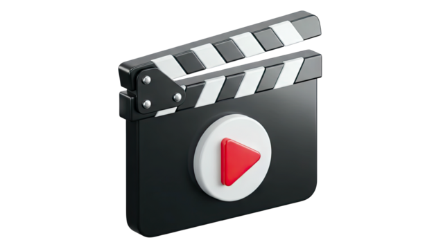 3D Rendering of a Black Movie Clapperboard with a Red Play Button Icon on a Transparent Background for Film Production and Video Content Creation