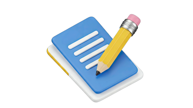 3D Rendering of a Yellow Pencil Writing on a Blue Notepad with White Lines on a Transparent Background Minimalist Illustration Symbolizing Notes and Writing Concepts