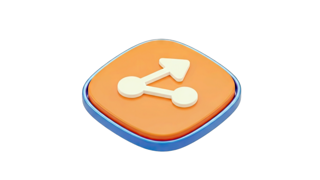 3D Share Icon On Orange Button With Blue Border Isolated On Transparent Background