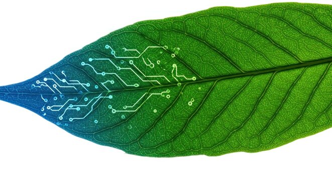 Leaf with Circuit Board Design: Nature Meets Technology Concept