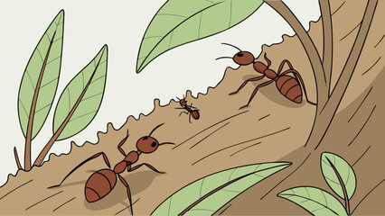 Illustration of three ants crawling on a tree branch with leaves in a cartoon style drawing scene