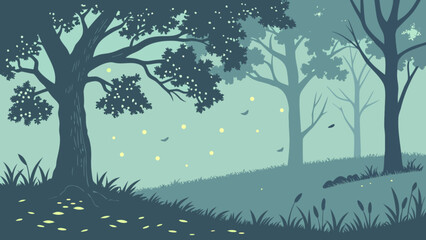 Obraz premium A serene forest scene with glowing lights among trees and foliage in a misty atmosphere at dusk