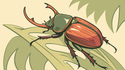 Illustration of a stag beetle with large mandibles perched on a stylized green leaf design element