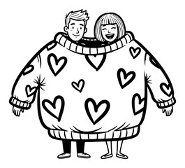Funny Happy Couple Wearing One Oversized Sweater with Heart Pattern Together Vector Illustration
