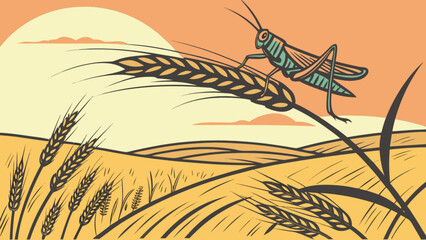 A grasshopper perched on wheat in a field under a sunny sky with rolling hills in the background scene