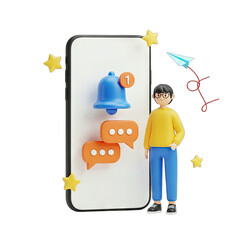 Young Person Standing Beside Large Smartphone Displaying Notification Bubbles Bell Icon And Paper Airplane Flying Upward On Transparent Background