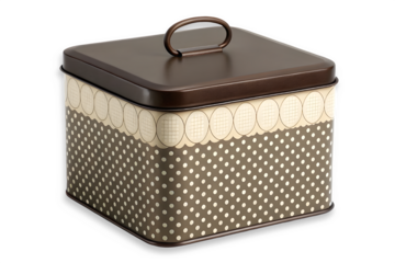 Decorative tin storage box with lid and handle isolated on transparent background