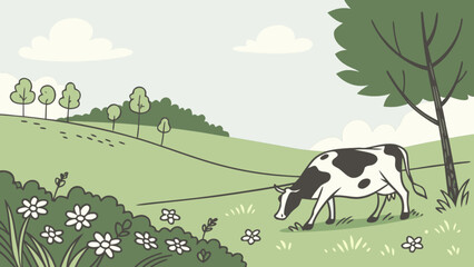 Illustration of a cow grazing in a green field with trees and flowers on a sunny day landscape