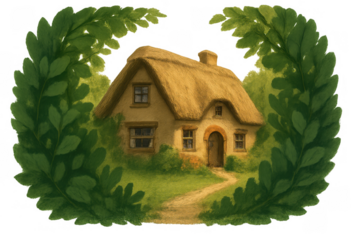 Quaint fantasy cottage drawing nestled in lush green leaves, evoking a whimsical rustic countryside scene on transparent background