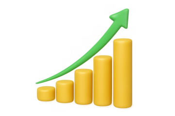 Chart showing financial growth with increasing yellow bar graph and green rising arrow, analyzing business statistics