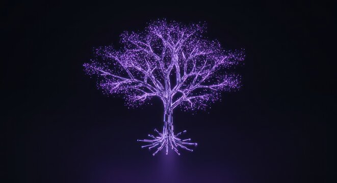 Luminous Purple Tree: Digital Art with Glowing Branches and Roots