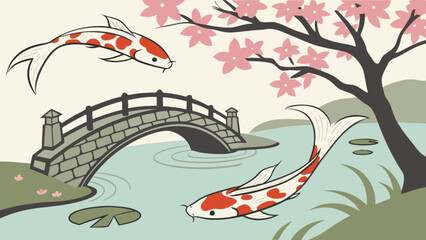 Two koi fish swimming in a pond under a stone bridge with cherry blossoms in the background scene view