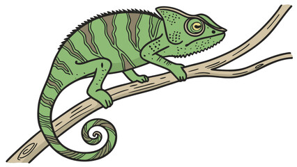 Illustration of a green chameleon with stripes perched on a brown branch with a curled tail design
