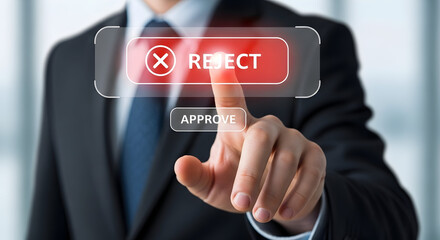 A businessman makes a critical decision on a digital interface, opting to reject a proposal with a decisive touch, demonstrating leadership and control.