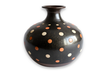 Dark ceramic vase with colorful polka dots isolated on transparent background