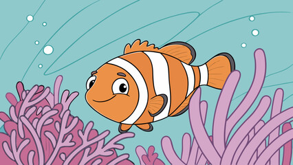 Cartoon clownfish swimming near coral reef with bubbles in a teal blue ocean background scene drawing