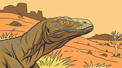 Illustration of a komodo dragon in a desert landscape with sparse vegetation and rolling hills