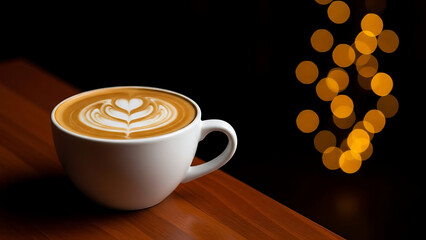 A close-up shot of a latte art coffee cup on a wooden surface.