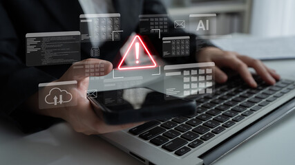 A businessperson interacts with a smartphone while surrounded by warning symbols and digital icons, emphasizing the importance of cybersecurity awareness in modern workplaces. Gantry