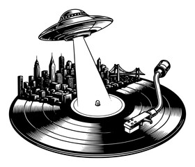Surreal UFO Beaming Light on Vinyl Record Turntable with City Skyline Vector Illustration © Wuszu