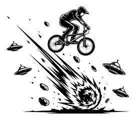 Fototapeta premium Extreme BMX Biker Jumping Over Crashing Meteor With UFO Invasion In Background Vector Illustration