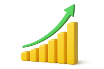 Yellow bar graph showing financial growth and business success with a green arrow pointing up, transparent background