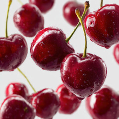 Fresh ripe cherries with glossy red skin and green stems, arranged in bright lighting. Ideal for healthy food themes, summer visuals, and organic produce promotions.
