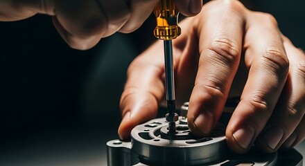 Precision craftsmanship displayed: Hands tightening a screw with a screwdriver on metal component ensuring meticulous