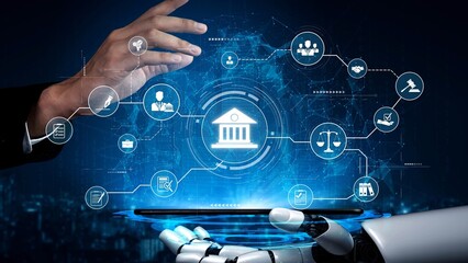 Futuristic digital law interface displaying justice scale, highlighting digital law, AI compliance, digital law systems, and digital law regulations for secure governance. Muxer