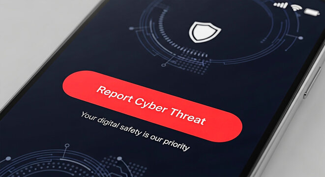 A Cyber Threat Report button in a smartphone screen for the concept of digital security.