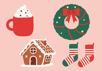 Christmas holiday elements collection featuring gingerbread house hot cocoa mug wreath and striped socks on a simple pink background vector