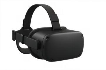 Modern black virtual reality headset delivering immersive gaming, metaverse, and future technology experiences on transparent background