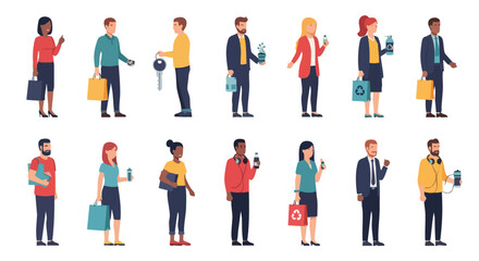 A collection of diverse individuals holding everyday items and shopping bags against a plain white background for illustrative vector design needs