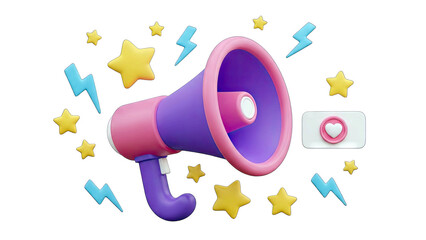 3D Megaphone with Stars and Lightning Bolts Announcing Likes and Social Media Engagement on Transparent Background