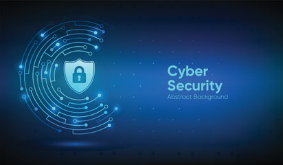 Cyber Security Network. Glowing Shield and Circuit Board Protection Abstract Background