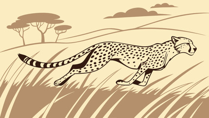 Illustration of a cheetah running through the savanna with trees and hills in the background art © Zia