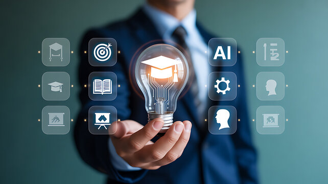 Hand Holding Lightbulb with Graduation Cap and AI Icons