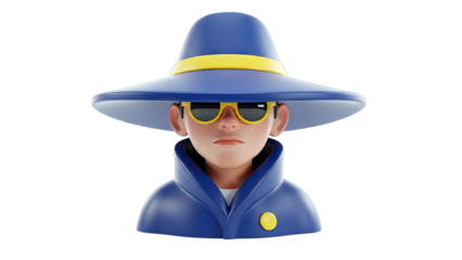 3D Spy Character Wearing Blue Hat Yellow Trim Sunglasses and Blue Trench Coat Posing Confidently Against a Transparent Background Clean and Modern Design