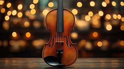 Fototapeta premium A beautiful wooden violin presented against a dark background with blurred bokeh lights creating a dreamy and artistic effect. Perfect for music, art, or creative concepts.
