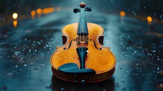 A close-up shot of a violin covered in glistening water droplets, reflecting the colors of the rain. The image evokes feelings of melancholy and beauty, capturing the essence of a rainy day.