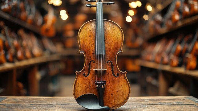 A detailed close-up shot of an antique violin, showcasing its aged wood and intricate design. The background is softly blurred, suggesting a musical ensemble.