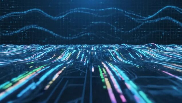 Abstract Digital Data Flow Landscape: Glowing Information Streams on a Futuristic Circuit Board Grid with Wavy Binary Code Patterns